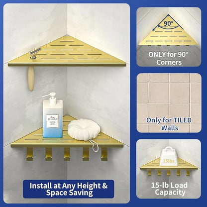 10‘’ Corner Shower Shelf, 304 Stainless Steel Shelves for Bathroom, Grout in Shelf with Hooks for Tiled Wall (Gold)