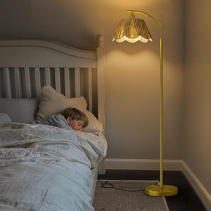 Oneach Arc Floor Lamp for Living Room,Rattan Boho Floor Lamp with Hand-Woven Wicker Shade, Foot Switch,Gold Metal Base & Pole,Farmhouse Standing Lamp for Bedroom Corner,Reading