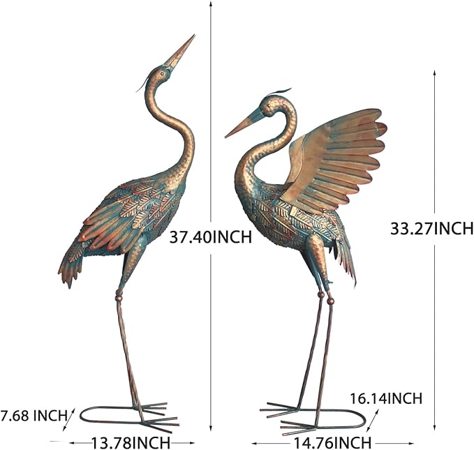 33-37 Inch Metal Crane Garden Statue Décor, Bird Heron Garden Sculpture & Statues, Outdoor Decoration for Yard Pond Lawn Backyard Pool, Vintage Spread Wings Crane, Set of 2 Copper…