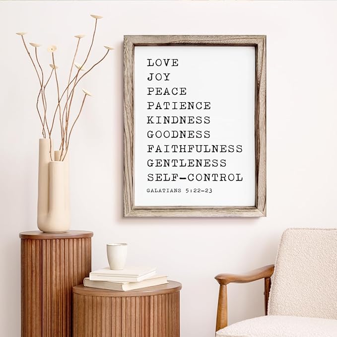 Christian Wall Decors, Positive Home Decors for Living Room, Galatians 5:22-23 Signs Decor, Scripture Decor Art, Framed Wall Plaque Sign 15 * 11.5 inches, Love Joy Peace Sign