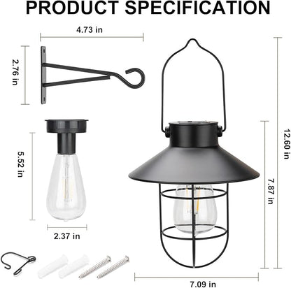 pearlstar Solar Lantern Outdoor 2 Packs Hanging Light Metal Solar Lamp with Warm White Edison Bulb Design for Garden Yard Patio Proch Decor(Black)