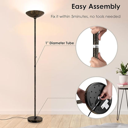 BoostArea Torchiere Floor Lamp Antique Bronze, 24W Super Bright LED Standing Lamp, 3000K Dimmable Pole Lamp with Rotary Switch, 70 Inch Tall Metal Modern Floor Lamps for Living Room/Bedroom/Office/Den