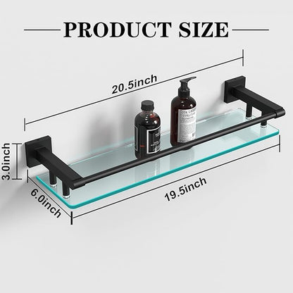 Bathroom Glass Shelf 20IN Rectangular Stainless Steel Tempered Glass Shelves Modern Stainless Steel Wall Mount Bathroom Shelf (Matte Black, 20‘’)