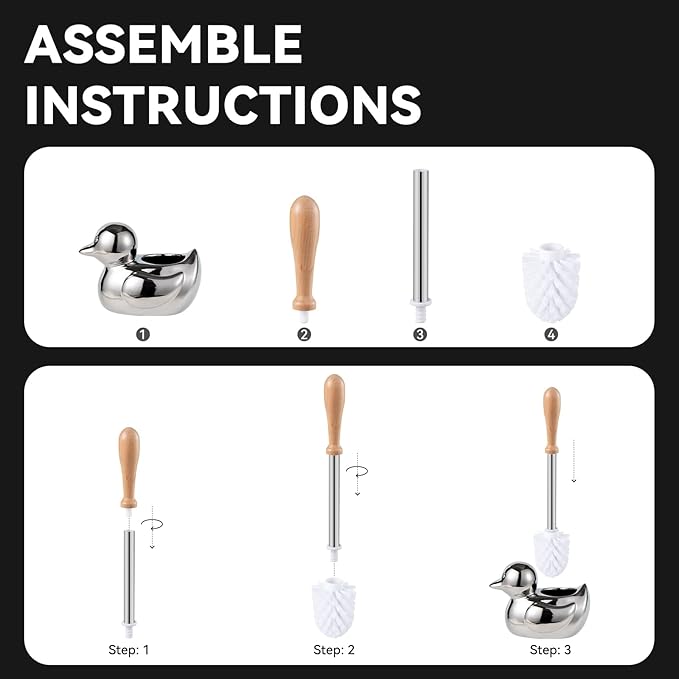 Toilet Brush Holder Set - Ceramic Silver Toilet Scrubber Brush with Duck Base, Bathroom Cleaning Brush, 7.5" Cute Toilet Brush Organizer, Home Decor& Easy Wipe Clean