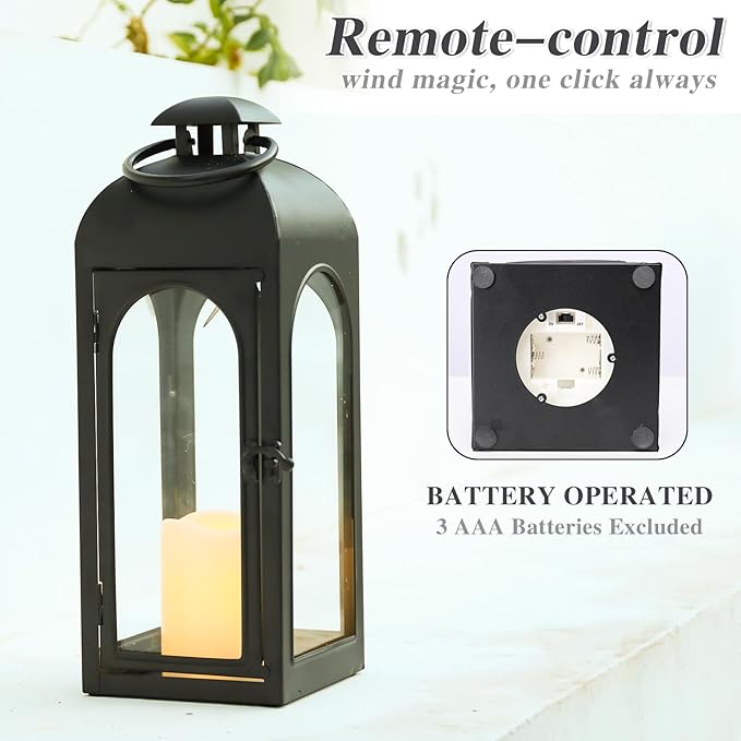 Bdor 2 Pack 16 Inches Metal and Tempered Glass Decorative Lantern with Electronic Wax Effect - Indoor/Outdoor Decorative Lighting, Handcrafted Aesthetic, Perfect for Home, Parties, and Holiday Decor