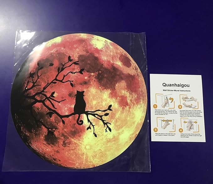 Quanhaigou Glow in The Dark Wall or Ceiling Moon Stickers – Luminous Decal Sticker for Simulated Planet Effect at Night – Red 3D Earth Black Tree Cat