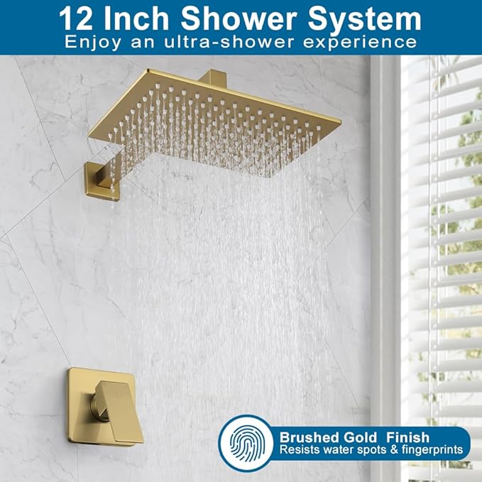 POP SANITARYWARE Shower Faucet Set Brushed Gold Bathroom Rainfall 12 Inch Shower Head and Handle Set Wall Mounted Shower System Single Function Shower Fixture, Include Shower Valve and Trim Kit