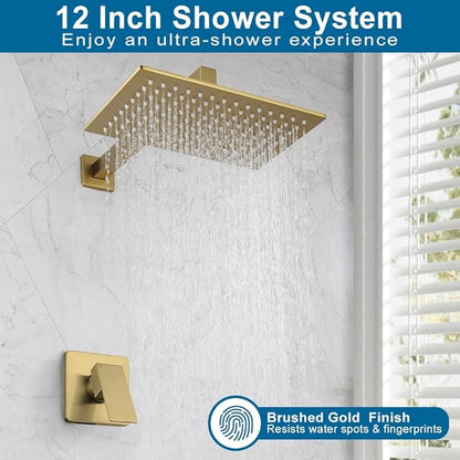 POP SANITARYWARE Shower Faucet Set Brushed Gold Bathroom Rainfall 12 Inch Shower Head and Handle Set Wall Mounted Shower System Single Function Shower Fixture, Include Shower Valve and Trim Kit
