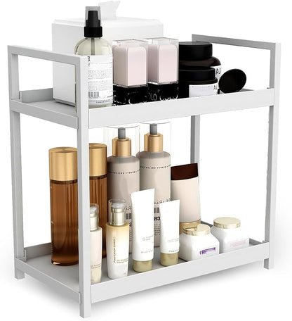2-Tier Bathroom Countertop Organizer Multifunctional Vanity Tray Cosmetic and Makeup Storage Rack Kitchen Spice Shelf Freestanding Organizer (White)