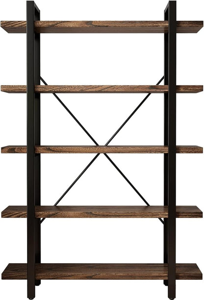 5-Tier Industrial Style Solid Wood Bookcase and Book Shelves,Rustic Wood and Metal Shelving Unit， Living Room,Modern Rustic Open Industrial Book Shelf Office,Distressed Brown (AY-02-5Tier)
