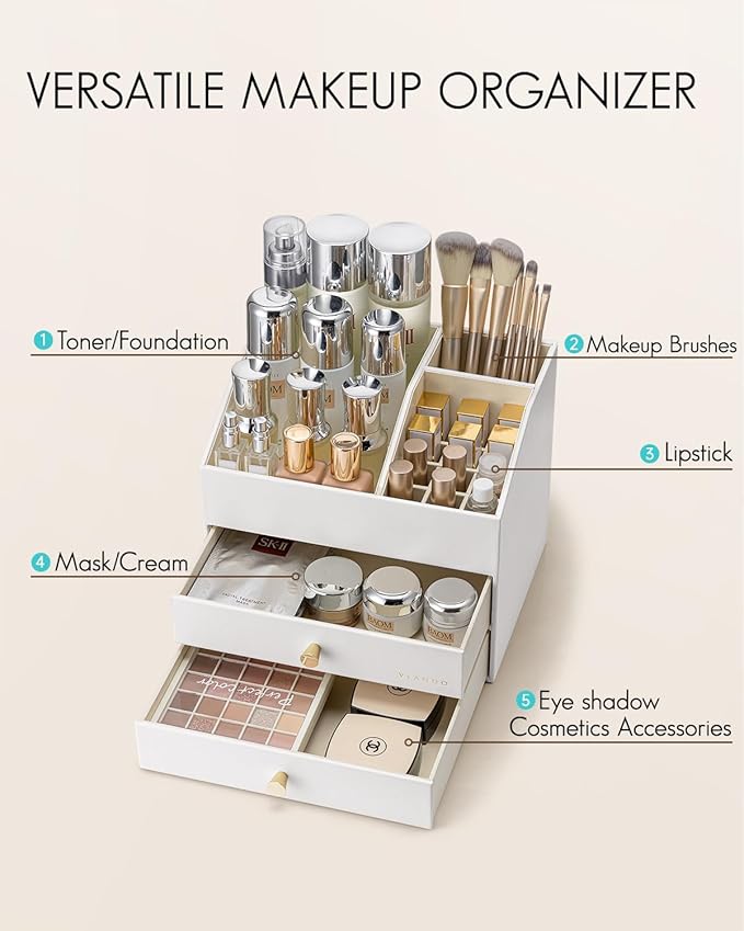 Vlando Makeup Organizer for Vanity,Large Capacity Countertop Organizer with Drawers, PU Leather Cosmetic Display Case for Lipstick,Brushes,Skincare,Nail polish and Bedroom Storage (White)