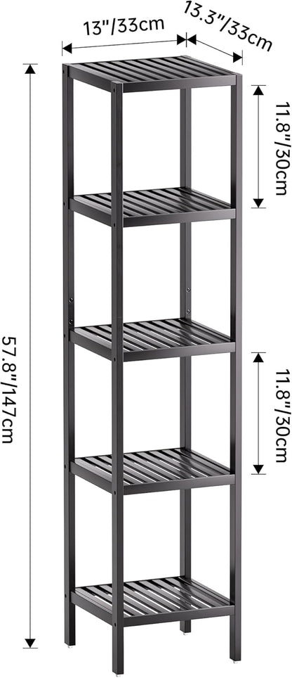 SMIBUY Bathroom Storage Shelf, 5-Tier Bamboo Rack Organizer, Multifunctional Shelving Unit for Living Room Bedroom Kitchen (Black)