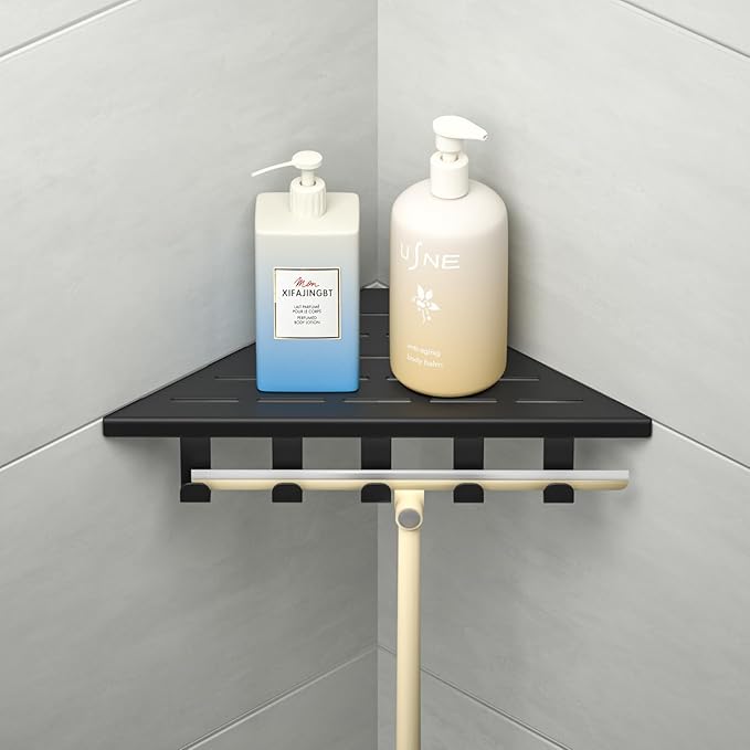 10‘’ Corner Shower Shelf, 304 Stainless Steel Shelves for Bathroom, Grout in Shelf with Hooks for Tiled Wall (Matte Black)