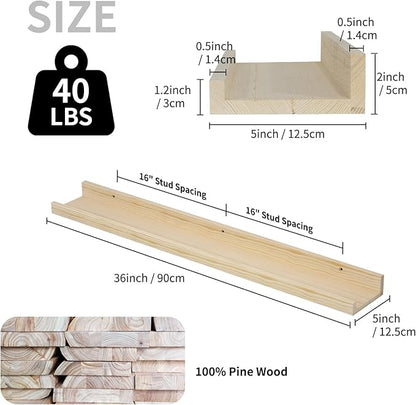 SAUMONIERES Picture Ledge Shelf Floating Book Shelves Set of 2 Wall Mounted Solid Wood for Bedroom Bathroom Living Room Kitchen, 36 Inch Natural