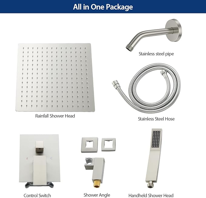 Sarlai Shower Faucet Set Bathroom Square Rainfall Shower Head and Handle Combo Wall Mounted Shower Faucet with Valve 8 Inch Shower Head Trim Systems Brushed Nickel