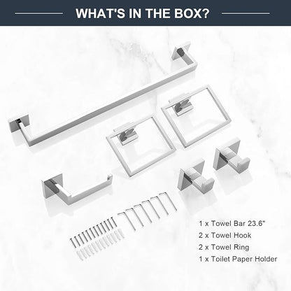 TQKAG 6-Piece Bathroom Towel Bar Sets Polished Chrome 23.6 inch Towel Bar Stainless Steel Towel Ring Coat Hook and Toilet Paper Holder Bathroom Hardware Set Wall Mounted Bathroom Accessories Kit