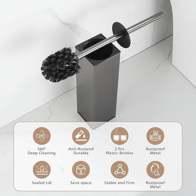 BGL Standing Toilet Brush and Holder GunGrey Aluminium Toilet Bowl Cleaner Brush and Holder for Bathroom Storage and Organization, Square Design Sturdy and Space Saving