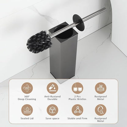 BGL Standing Toilet Brush and Holder GunGrey Aluminium Toilet Bowl Cleaner Brush and Holder for Bathroom Storage and Organization, Square Design Sturdy and Space Saving