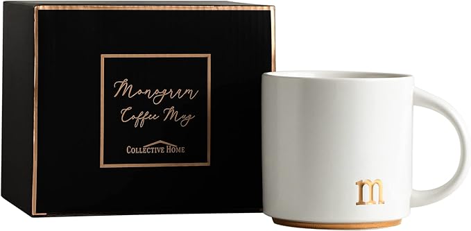 COLLECTIVE HOME - Monogram Ceramic Mugs, 15 oz Golden Initial Coffee Cups, Elegant Alphabet Tea Mugs, Elegant Personalized Mug with Gift Box, Luxurious Cups for Office and Home (m)
