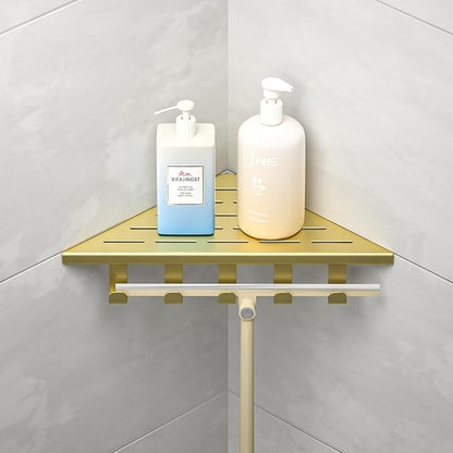 10‘’ Corner Shower Shelf, 304 Stainless Steel Shelves for Bathroom, Grout in Shelf with Hooks for Tiled Wall (Gold)