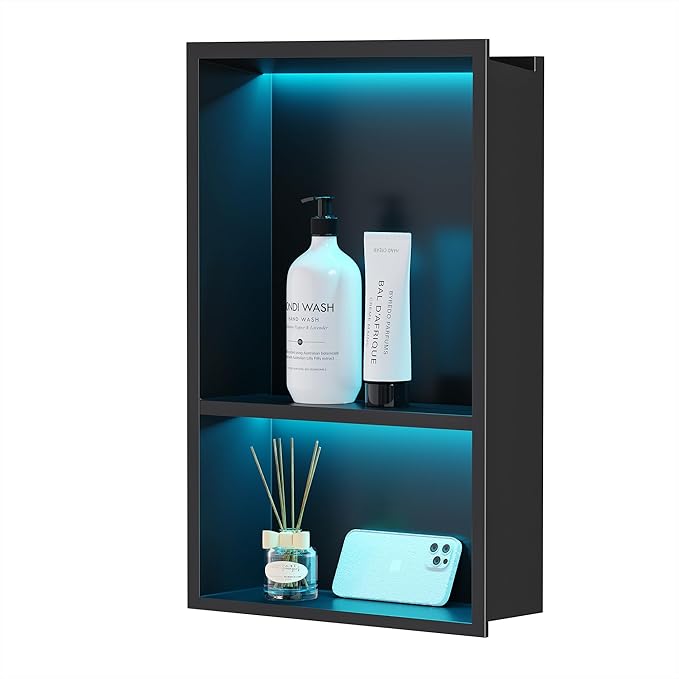 Stainless Steel Shower Niche 12" X 18", No Tile Needed Wall Niche with RGB Led Light, Recessed Shower Shelf for Bathroom Storage Over Mount Installation, Matte Black