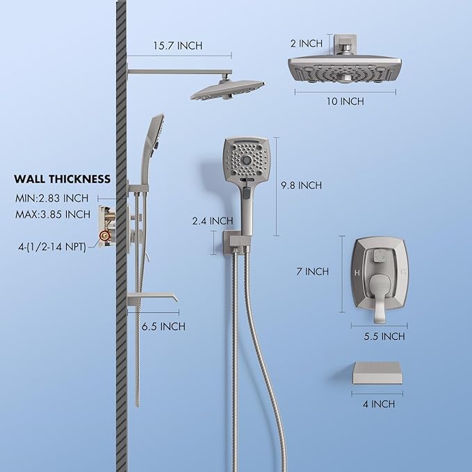 ELLO&ALLO Shower Tub Shower Faucet Set Brushed Nickel Mixing Valve and Trim Kit, Rainfall Waterfall Shower Head with Handheld Combo