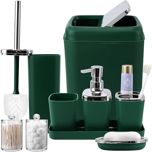 Dark Green Bathroom Accessories Set, Green Bathroom Set with Trash Can, Toothbrush Holder, Toothbrush Cup, Soap Dispenser, Soap Dish, Toilet Brush Holder, 2 Qtip Holder Dispensers and Tray