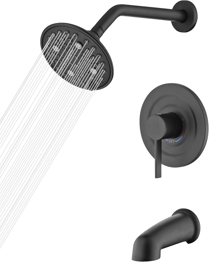sumerain Modern Matte Black Tub and Shower Faucet Set with 6-Inch 6 Settings Rain Shower Head and Tub Spout, Valve Included