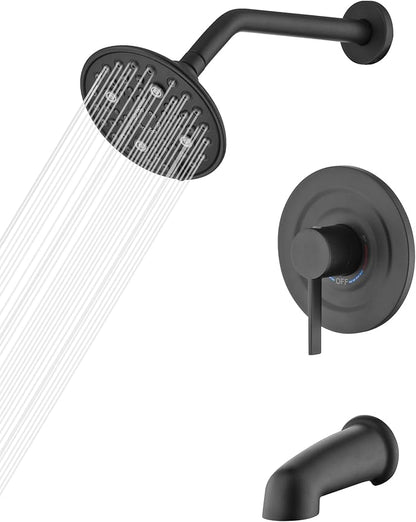 sumerain Modern Matte Black Tub and Shower Faucet Set with 6-Inch 6 Settings Rain Shower Head and Tub Spout, Valve Included