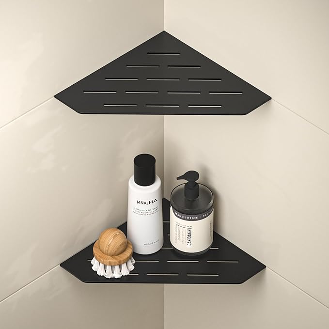 Corner Shower Shelf, 304 Stainless Steel Pentagonal Heavy Duty Floating Corner Sheves Slot Design Recessed Bathroom Shelf for Tiled Wall 2 Pack(Matte Black, 8"-2 Pack)