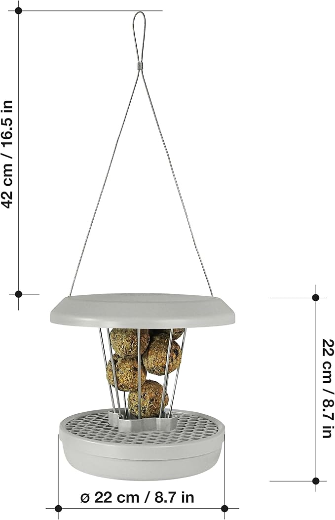 SWISSINNO No Mess Bird Feeder Lucerne Smart Birds for Fat Balls - Feed Birds, not mice & Rats! Robust & Reliable for Hanging - Light Grey