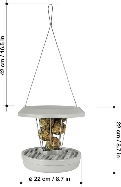 SWISSINNO No Mess Bird Feeder Lucerne Smart Birds for Fat Balls - Feed Birds, not mice & Rats! Robust & Reliable for Hanging - Light Grey