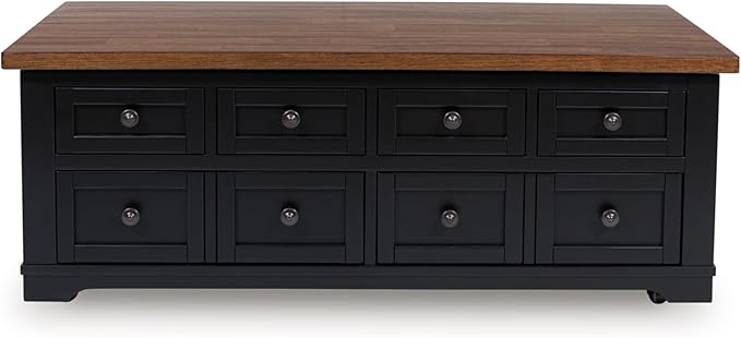 Signature Design by Ashley Wildenauer Farmhouse 2-Drawer Lift-Top Coffee Table with 2 Storage Bins Under Top and Casters, Light Brown & Black