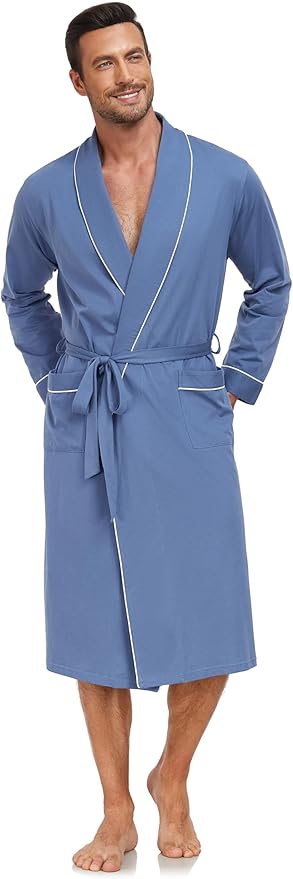 COLORFULLEAF Mens 100% Cotton Robes Lightweight Summer Long Bathrobe Sleepwear Soft Knit Spa Robe with Pockets