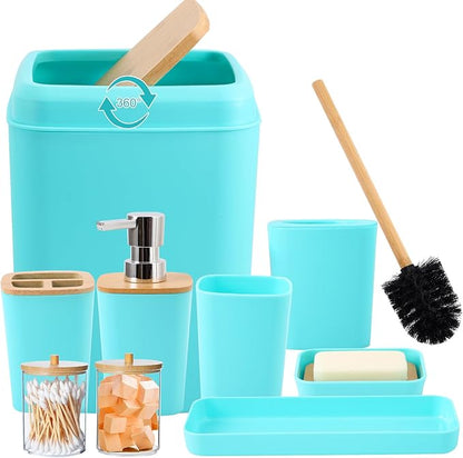 Teal Blue Bathroom Accessories Set with Trash Can 9 Piece Bathroom Decor Toothbrush Holder,Toothbrush Cup,Lotion Soap Dispenser,Vanity Tray,Soap Dish,Toilet Brush,Qtip Holder