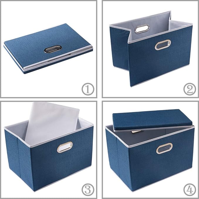 PRANDOM Foldable Storage Bin with Lid [5-Pack] Linen Fabric Decorative Storage Box Organizer Container Basket Cube with Handles Divider for Closet Office Living Room Royal Blue(14.9x9.8x9.8)