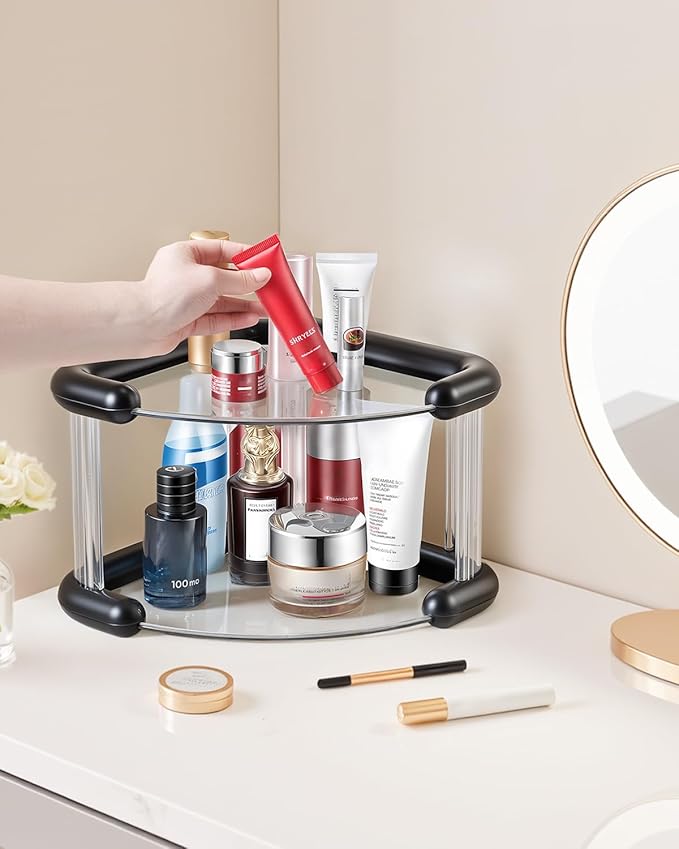Corner Bathroom Counter Organizer, Perfume Skincare Organizers and Storage Countertop, Makeup Shelf for Vanity Dresser, Tiered Counter Top Skin Care Holder, 2 Tier, Black