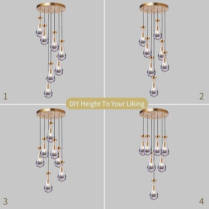 7 Light Raindrop Chandeliers, Brass Teardrop Cluster Pendant Lights Kitchen Island, Gold Dining Room Chandeliers Over Table Hanging Pendant Lighting for High Ceiling, Entryway Staircase