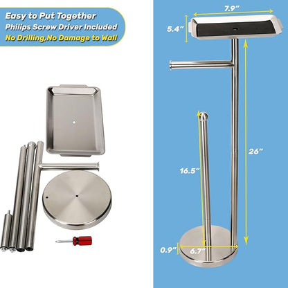 Toilet Paper Holder Stand for Bathroom Floor Freestanding Toilet Roll Dispenser Storages 4 Reserve Rolls, with Top Storage Shelf for Cell Phone (Brushed Nickel)