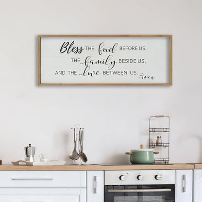 SRSZHIYUE Bless the Food Before Us Wall Sign Decor 40"×15" Christian Bible Verse for Farmhouse Rustic Kitchen Dining Room Framed Wood Scripture Religious Jesus Prayer Wall Art (Wood)