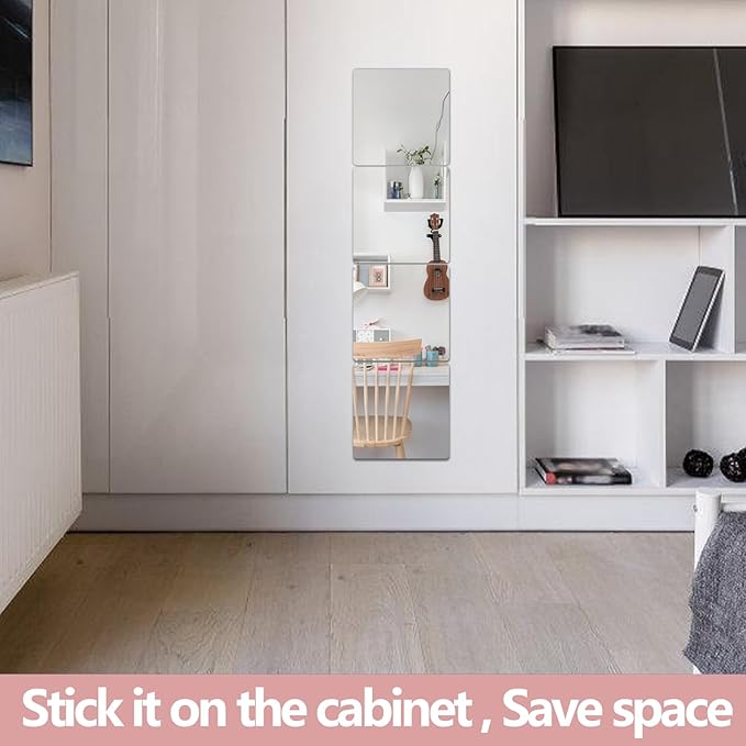 Unbreakable Full Length Wall Mirror,The Door Mirror,4Pack 14''x14'',Acrylic Kids Shatterproof Plexiglass Long Mirrors for Bedroom Closet,Children Non Glass Stick on Mirrors