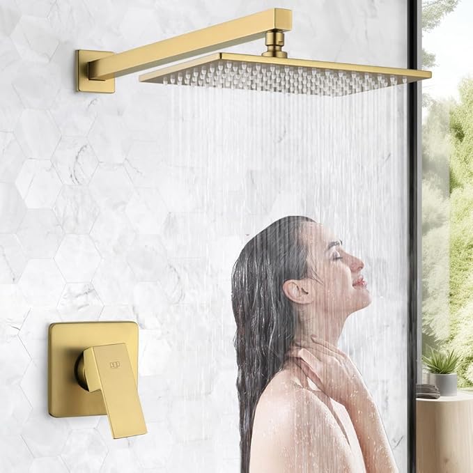 POP SANITARYWARE Shower Faucet Set Brushed Gold Bathroom Rainfall 12 Inch Shower Head and Handle Set Wall Mounted Shower System Single Function Shower Fixture, Include Shower Valve and Trim Kit