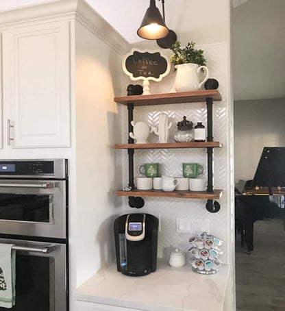 DR.IRON Industrial Pipe Shelves Wall Shelving Rustic Wood Shelf Storage Shelves 3 Tiers Wall Mount Pipe Design DIY Shelf Retro Wall Shelving (Black, 24" L)