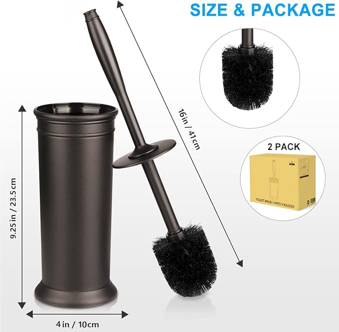 Toilet Brush and Holder 2 Pack, Toilet Bowl Brush with Extra Long Handle, Toilet Scrubber and Covered Holder, Toilet Brushes for Bathroom-Space Saving, Covered Brush, Durable, Deep Cleaning(Bronze)