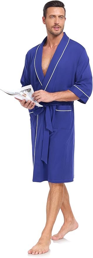 COLORFULLEAF Men's Bathrobes 100% Cotton Soft Comfort Breathable Short Sleeve Summer Kimono Mens Lightweight Robe