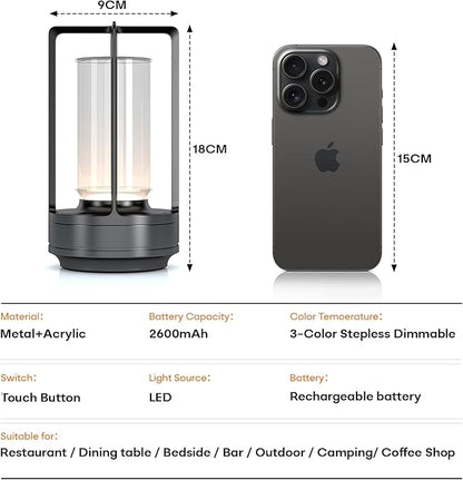 Portable Metal Table Lamp for Indoor/Outdoor ,Rechargeable Cordless LED Lamp, 3-Colour Infinitely Dimming Battery Powered Small Desk Lamp, Restaurant/Bedroom/Bar/Coffee/Camping Light (Grey Set of 2)