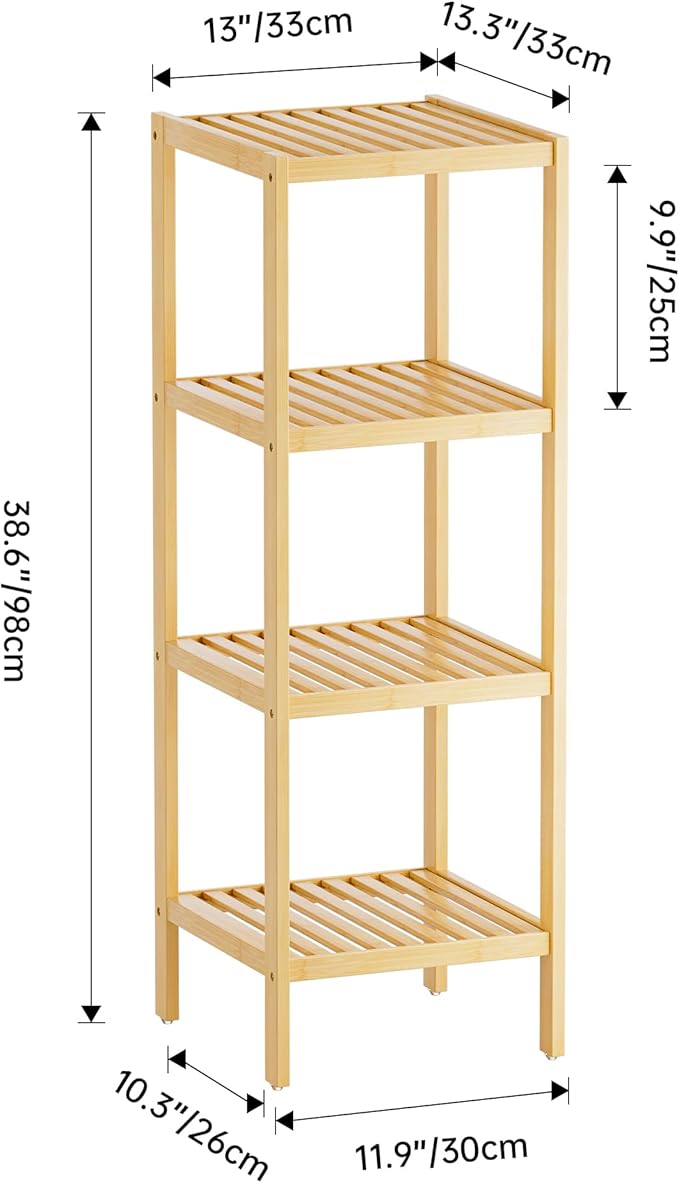 SMIBUY Bathroom Storage Shelf, 4-Tier Bamboo Rack Organizer, Multifunctional Shelving Unit for Living Room Bedroom Kitchen (Natural)