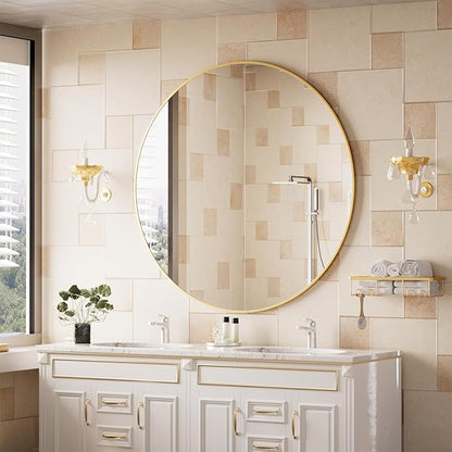 BEAUTYPEAK 42 Inch Round Mirror, Metal Frame Circle Mirror, Wall Mounted for Entryway, Bathroom, Vanity, Living Room, Gold