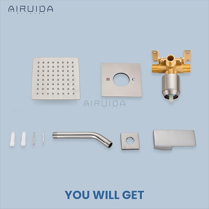 Airuida Shower Faucet Set Bathroom Rain Shower System SUS304 Stainless Steel Single Handle With Male Threads Rough-in Valve Shower Trim Kit 6 Inch Wall Mount Shower Head Brushed Nickel