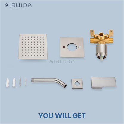 Airuida Shower Faucet Set Bathroom Rain Shower System SUS304 Stainless Steel Single Handle With Male Threads Rough-in Valve Shower Trim Kit 6 Inch Wall Mount Shower Head Brushed Nickel